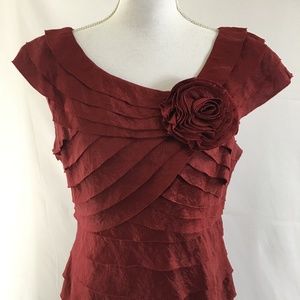 London Times Tiered Pleated Dress in Deep Red.